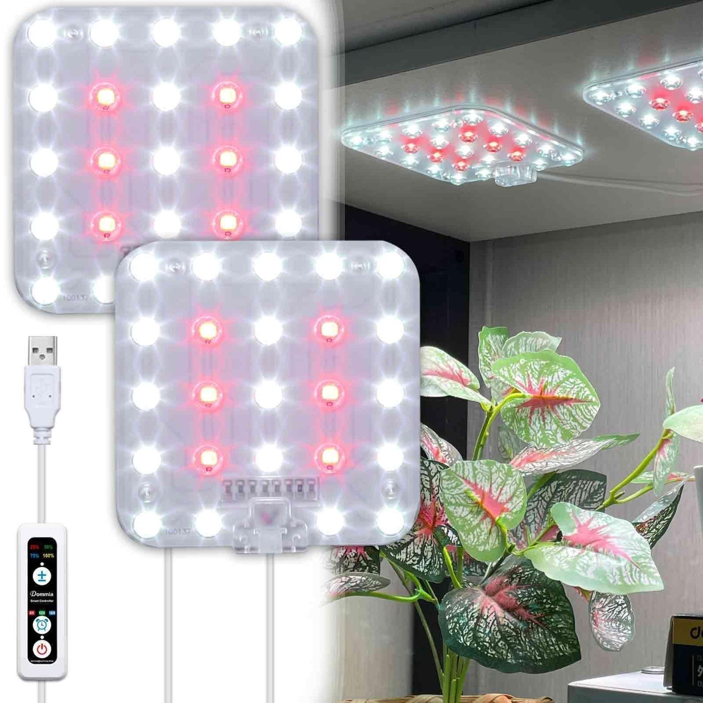 DOMMIA Full Spectrum LED Grow Light for Indoor Plants, 2 Panels 10W with 6/12/16h Timer Dimmable Plant Lights for Flower Veg Plant Growth USB, Netural White, 1-Pack