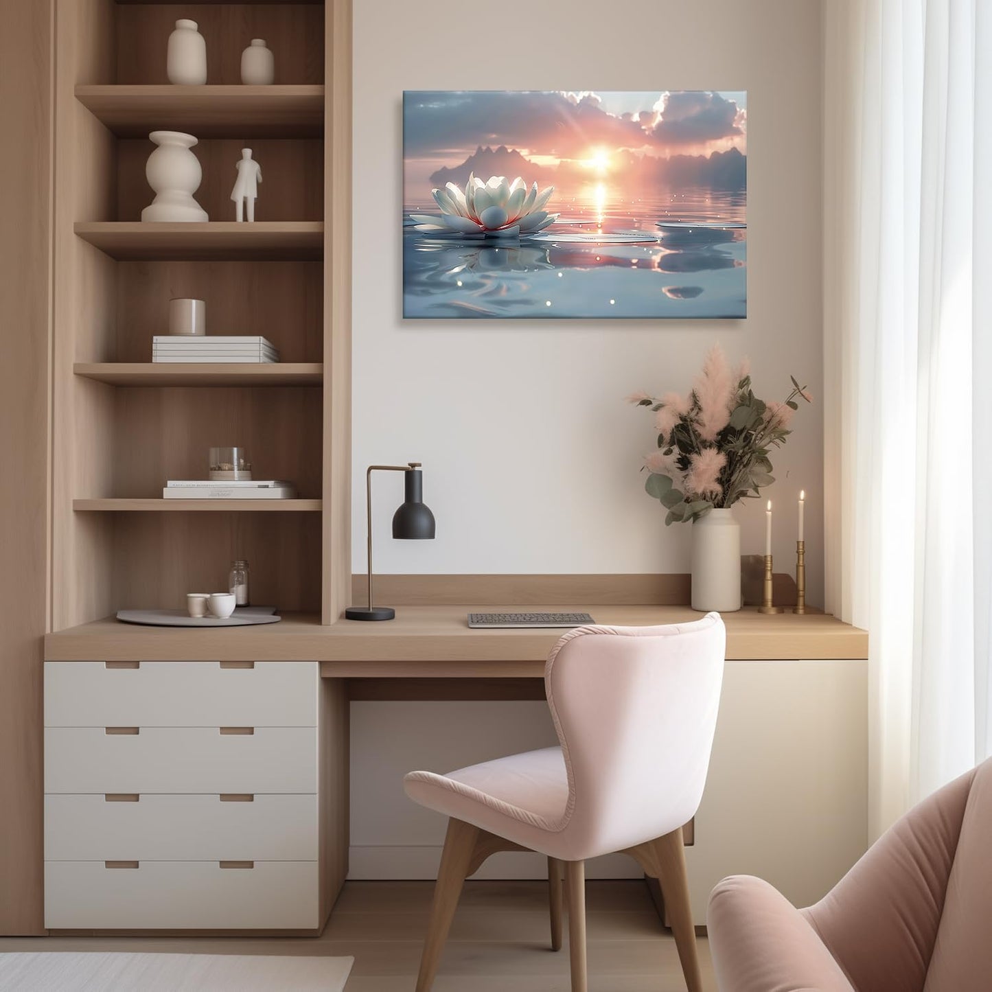 Zen White Lotus Wall Art Sunrise Meditation Canvas Wall Decor Spa Yoga Still Life Painting Prints Relaxing Spiritual Just Breathe Aesthetic Posters Pictures Modern Spiritual Inspiration Framed