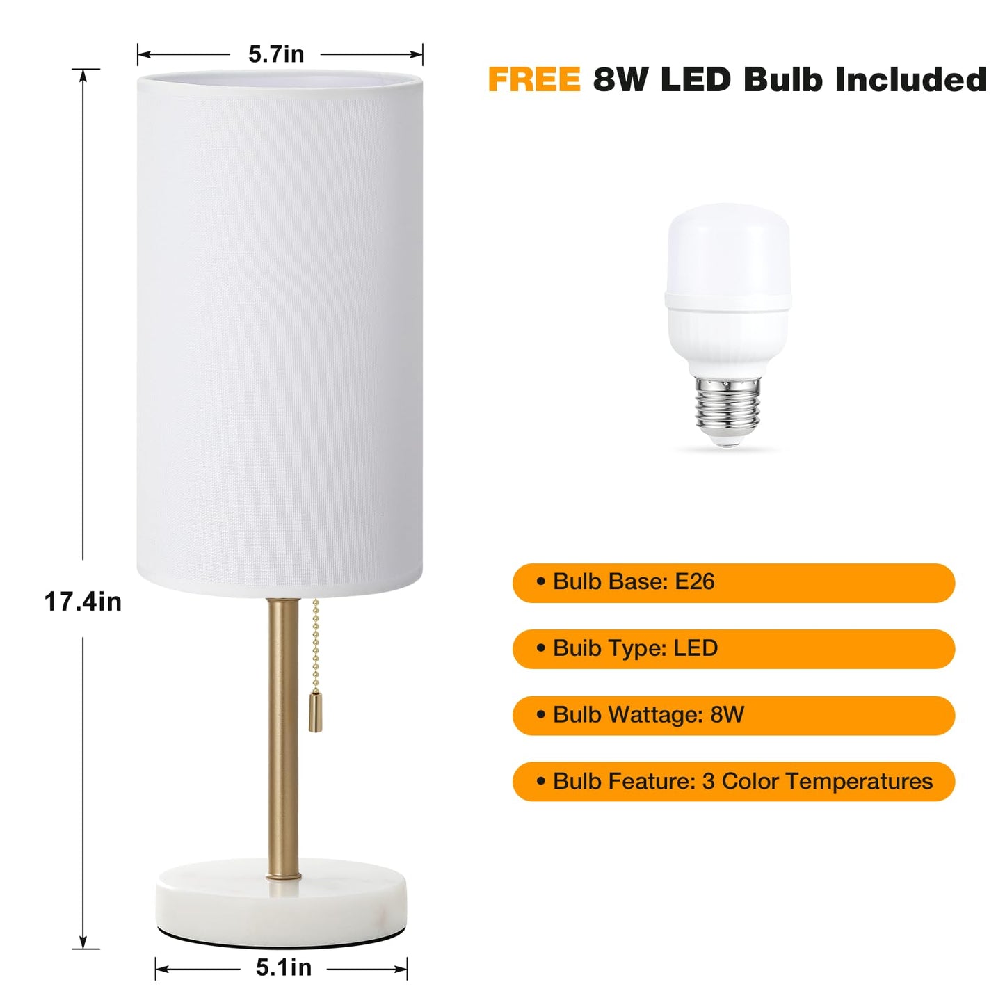 Dicoool Tall Bedside Table lamp for Bedroom - Luxury Marble Base & 3 Color Temperatures Bedside Lamps, Pull Chain Gold Table Lamps, White Nightstand Lamps for Living Room/Guest Room
