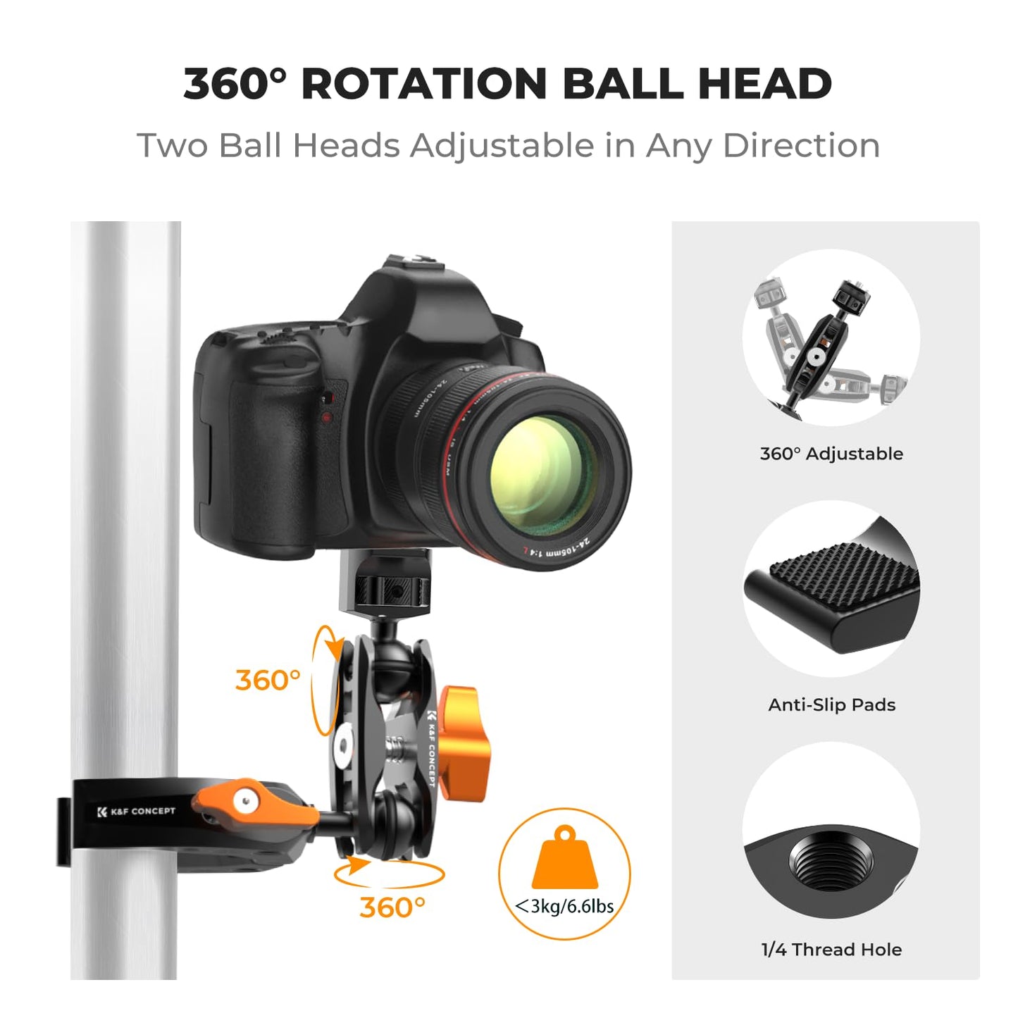 K&F CONCEPT Camera Clamp Mount, Super Clamp Mount Magic Arm with Two 360° Ball Heads, ARRI 1/4" Screw Threads for DSLRs, Action Camera, Tripod, Phone Compatible with Gopro/DJI/Insta360