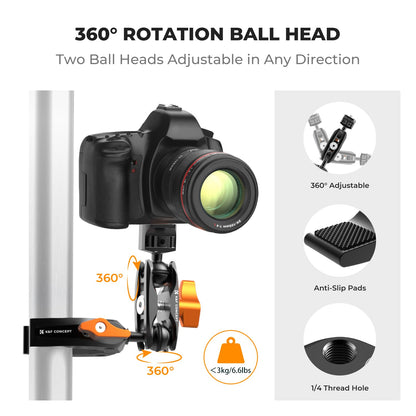 K&F CONCEPT Camera Clamp Mount, Super Clamp Mount Magic Arm with Two 360° Ball Heads, ARRI 1/4" Screw Threads for DSLRs, Action Camera, Tripod, Phone Compatible with Gopro/DJI/Insta360