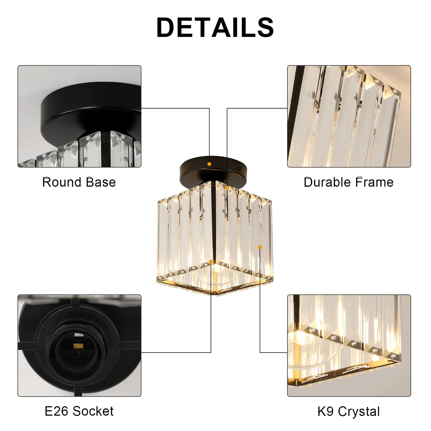 Goeco 2 Pack Square Crystal Semi Flush Mount Ceiling Light, 5.1 Inch Modern Black Mini Size Close to Ceiling Light Fixture for Hallway, Entryway, Stairway, Bathroom