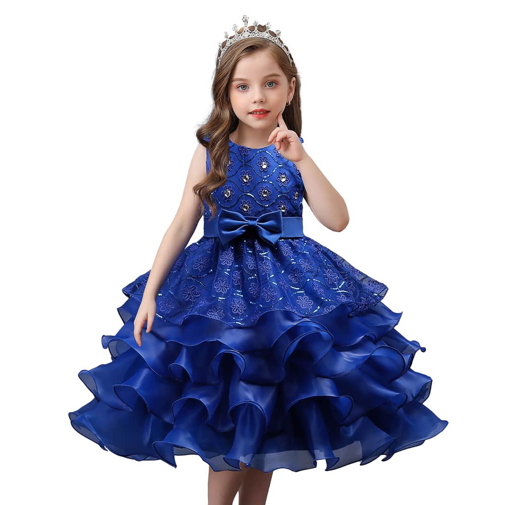 DreamHigh Wedding Flower Girl's Ruffles Lace Cute Bow Waist Evening Dress up Royal Blue 7-8 Years