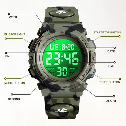 Digital Watch for Boys Girls, Waterproof Sport Kids Watches with Alarm/Stopwatch/12-24H, Childrens Electronic LED Wrist Watch for Junior Teenagers Boy - Camouflage
