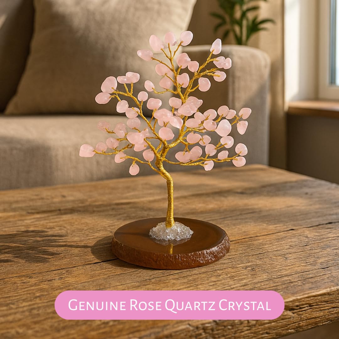 Real Crystal Tree of Life, Pink Rose Quartz Bonsai Money Tree with Agate Base, Spiritual Gemstone Feng Shui Decor with Gold Wire, Housewarming Birthday Gift (Rose Quartz (Pink))