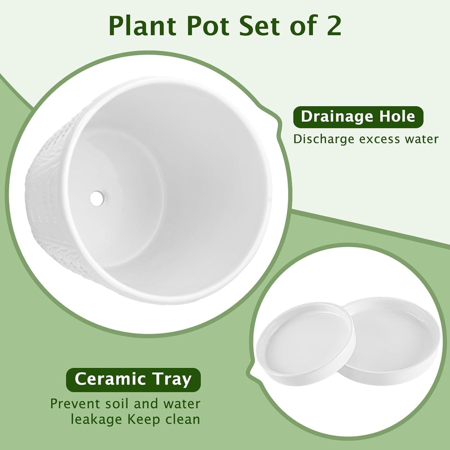 COLOAPT Ceramic Planter,5+6 Inch Ceramic Flower Pots with Drainage Hole&Tray,Embossed Seashell Design Plant pots,Planters for Indoor Plants Succulent Cactus,Flower Pot Home Decor-Set of 2,White