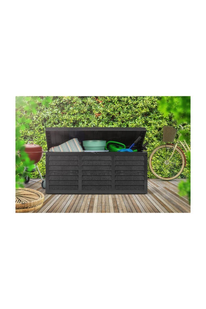 Gr8 Garden 320 Litre Black Plastic Storage Box Lid Patio Shed Utility Cushion Chest Wooden Fence Panel Effect Large Truck Indoor Outdoor Furniture