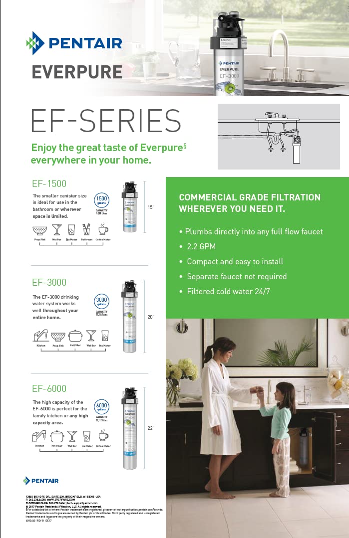 Pentair Everpure EF-1500 Full Flow Drinking Water System, EV985800, NSF Certified to Reduce Lead, Includes Filter Head, Cartridge, and All Hardware, 1,500 Gallon Capacity, 0.5 Micron