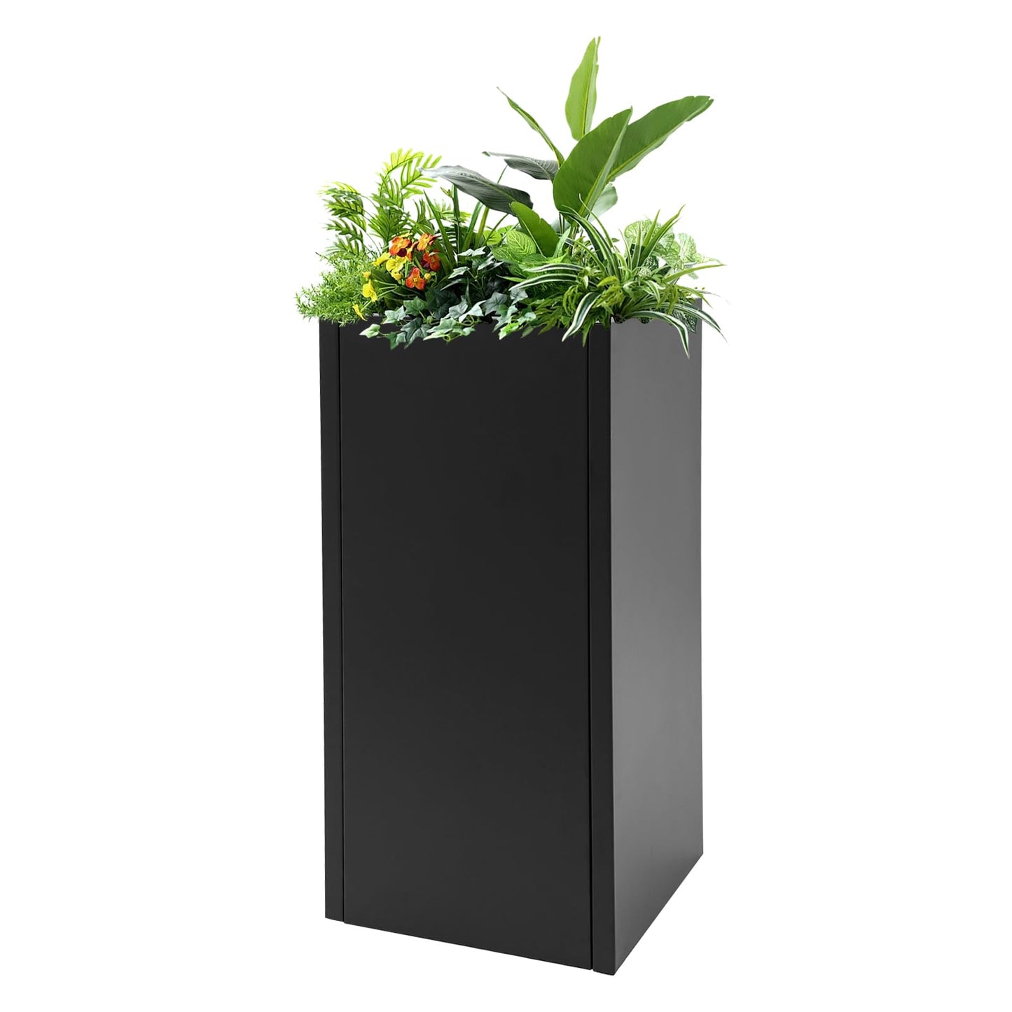 WUSILILU Tall Outdoor/Indoor Metal Planter Box with Drainage Hole, 14 * 14 * 30in Heavy Rectangular Large Flowerpot Stand for Garden, Halls, Patio, Pool Area, Balcony, Entrance, Front Porch (Black)