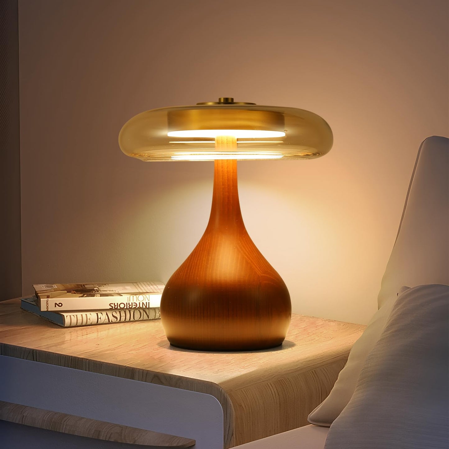 WTHTNROM Small Table Lamp for Bedroom-Wooden Base Teardrop Mushroom Table Lamps,Amber Glass Shade,LED Three Color Temperature Adjustable Brightness Modern LED Side Table and Desk Lighting(H 9.7 in)