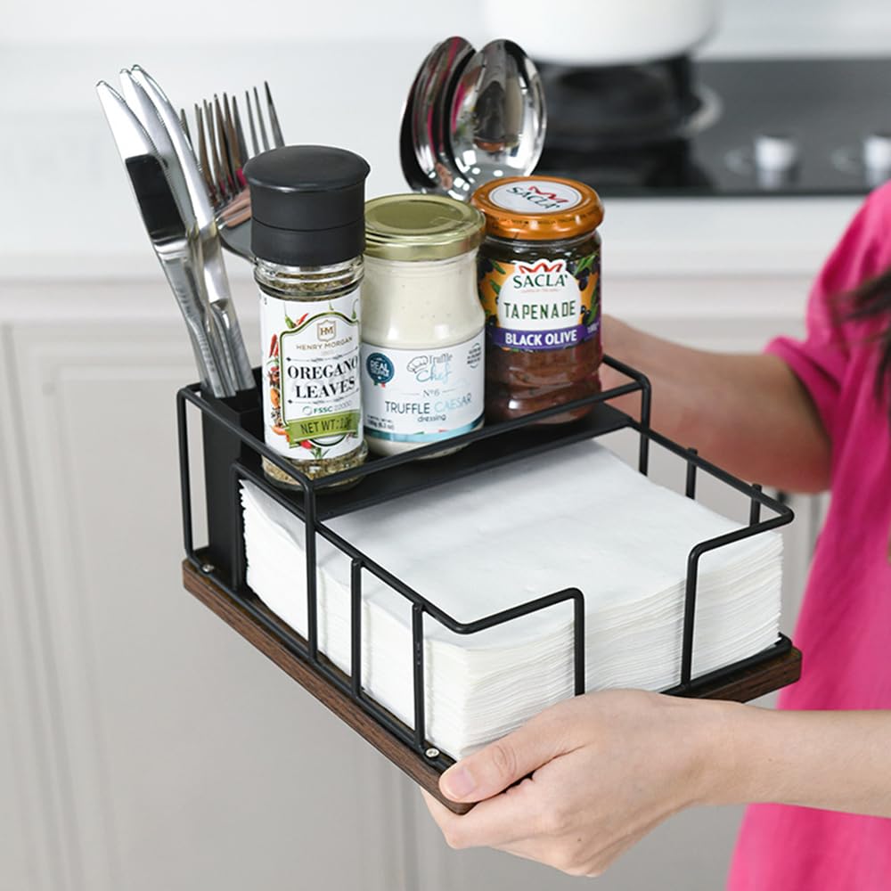 Napkin Holder for Table, Countertop Organizer - Flatware Holder for Forks, Spoons, Knives, Napkin Dispenser and Salt and Pepper Shakers Storage, Kitchen Cutlery Caddy for Dining Table, Buffet, Camping