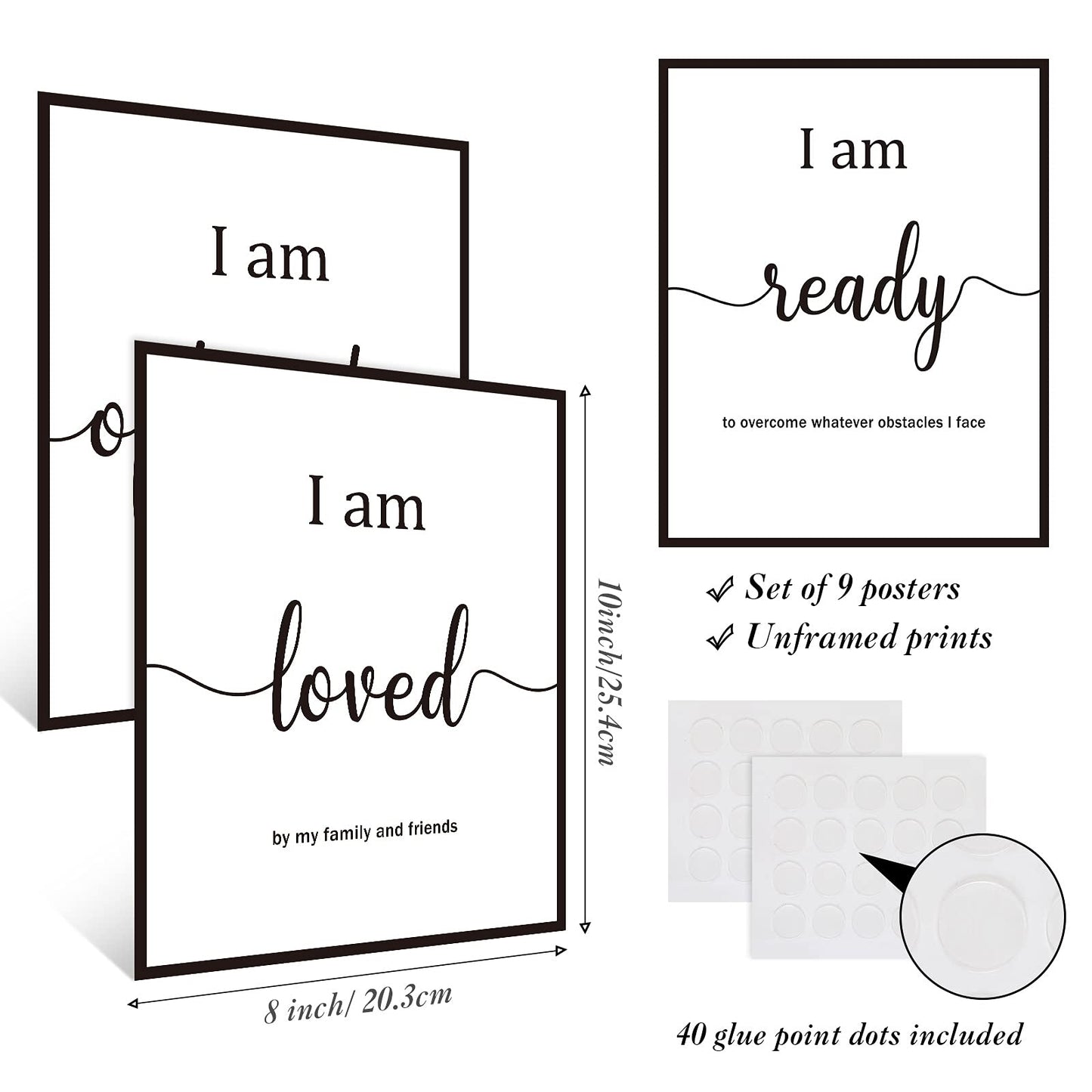 Outus 9 Pieces Inspirational Motivational Wall Art Office Bedroom Wall Art,Daily Positive Affirmations for Men Women Kids Inspirational Positive Quotes Sayings Decor(White)