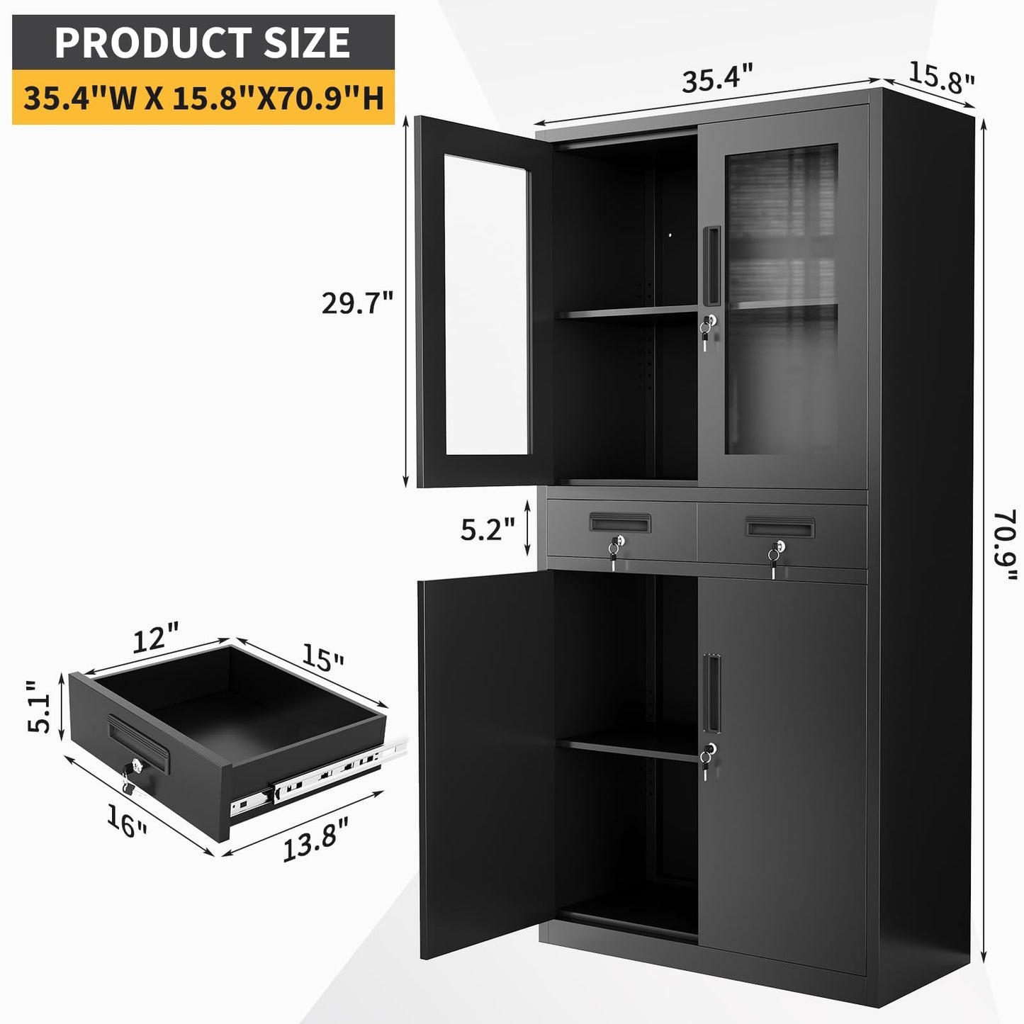 EliteEdge Metal Garage Storage Cabinet 72" with Locking Doors & 2 Drawers, Heavy Duty Mobile Tool Organizer with 3 Adjustable Shelves, File Cabinet for Home, Office, Workshop, Rolling Locker