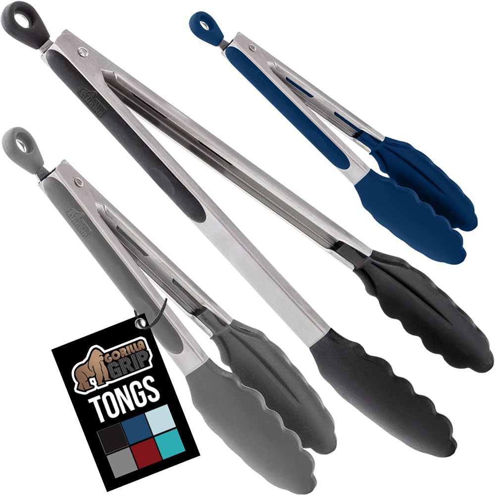 GORILLA GRIP Stainless Steel Heat Resistant Kitchen Tongs for Cooking, 9 + 12 Inch, Set of 2 BBQ Tong, Non Scratch Silicone Tip for Pan, Strong Grip, Grab Food, Toss Salad, Air Fryer, Pull Lock, Black