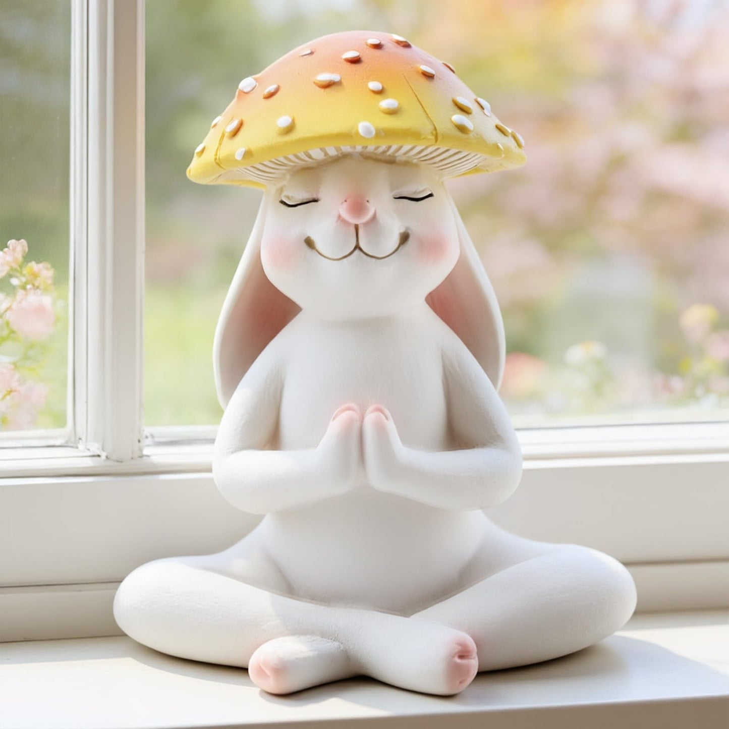 DearKeeps Meditation Mushroom Resin Statues – Cute Yoga Mushroom Figurines for Desk, Home, Office & Garden Decor – Zen Resin Sculptures for Living Room, Patio, Tabletop & Backyard (1 Pack, Rabbit)