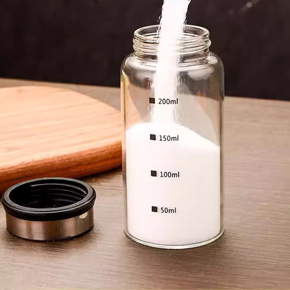 7 oz Salt and Pepper Shaker Set with 304 Stainless Cover Adjustable Outlet Holes Glass Spice Jars Dispenser Seasoning Cans for Kitchen Decor and Home Restaurant BBQ Camping Kitchen Accessories (2Pcs)