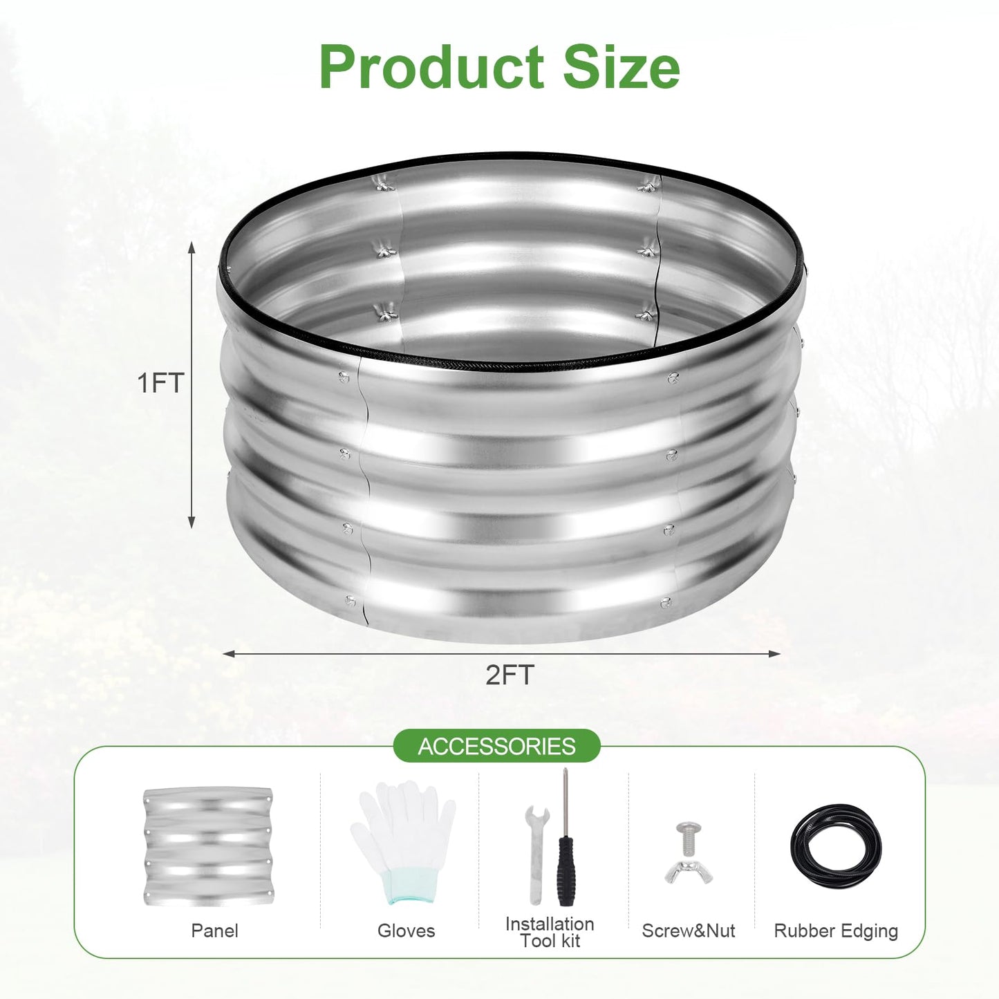 Permade Galvanized Raised Garden Bed- 2Pcs Metal Planter Boxes Outdoor | 12" Tall 24" Round Steel Raised Bed Kit & Fire Pit Ring for Gardening with Protective Tape for Vegetables, Flower (Sliver)
