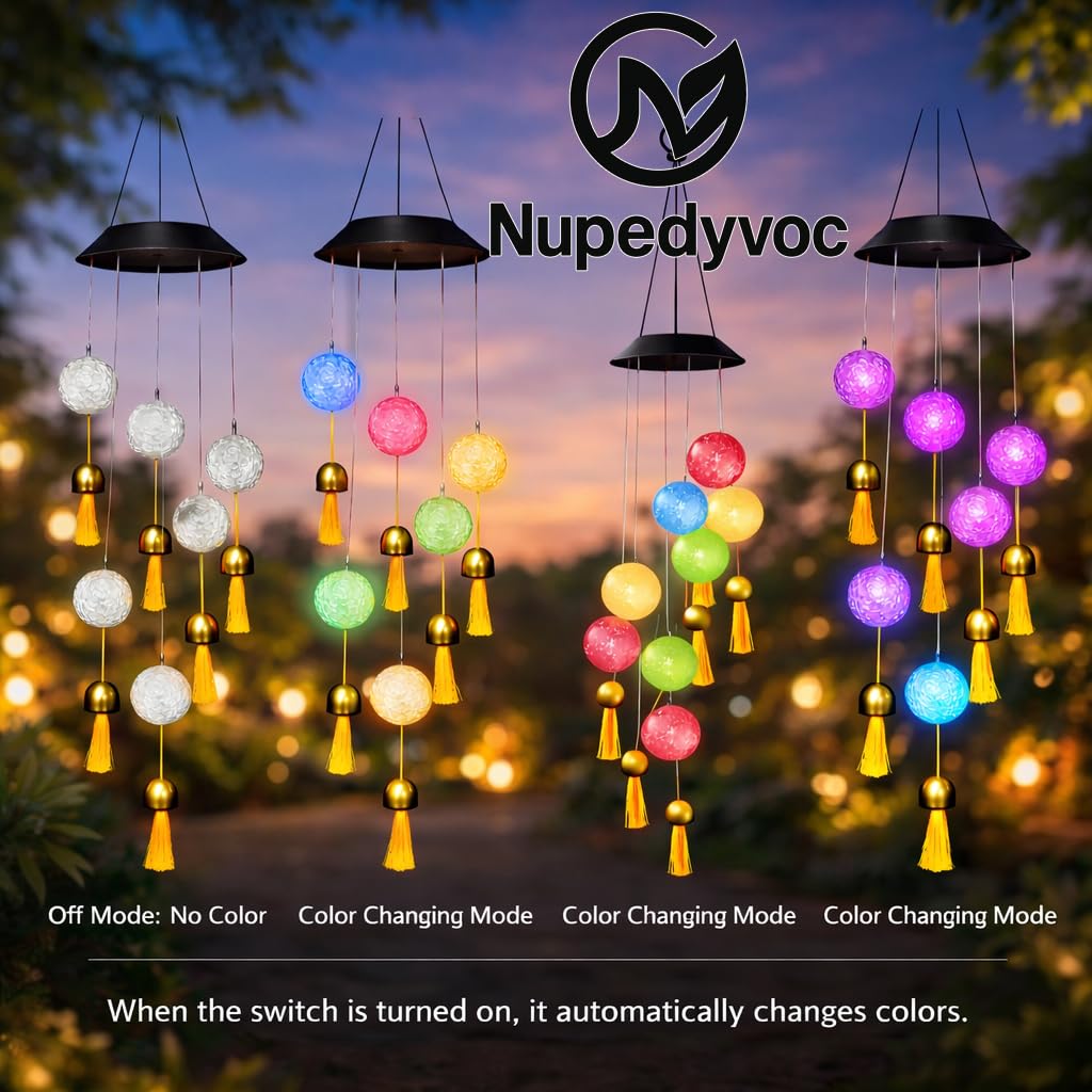 38” Mini Ball Bell Solar Light LED Wind Chime for Outside, Weather Resistant Decoration Outdoor Garden Patio Subtle Tone Decor, Ideal Gift for Birthday, Mother's Day, Meditation, Ambiance