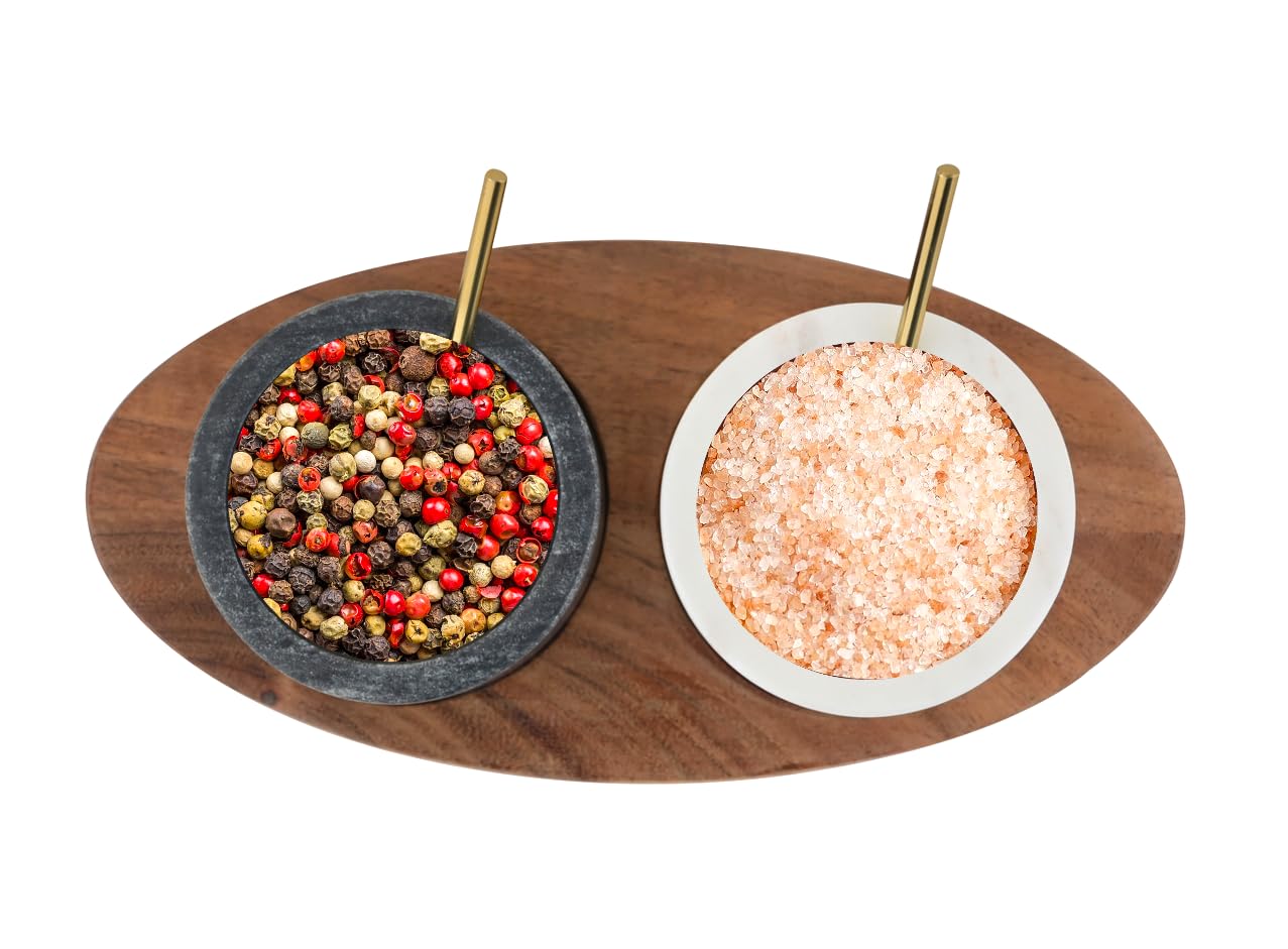Cruiser’s Caché 2 Piece White and Black Marble Salt and Spice Cellar or Dipping Bowls with Wood Tray and Gold Spoons
