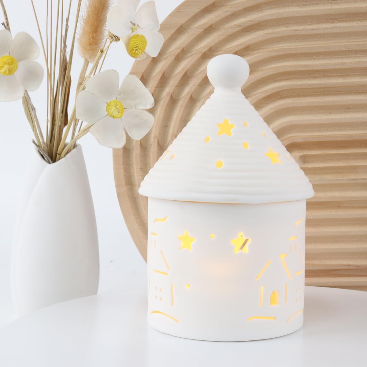 Ceramic House Christmas Decoration Tealight Holder Handmade Candle Holder Matt White for Mantel Windows Decoration