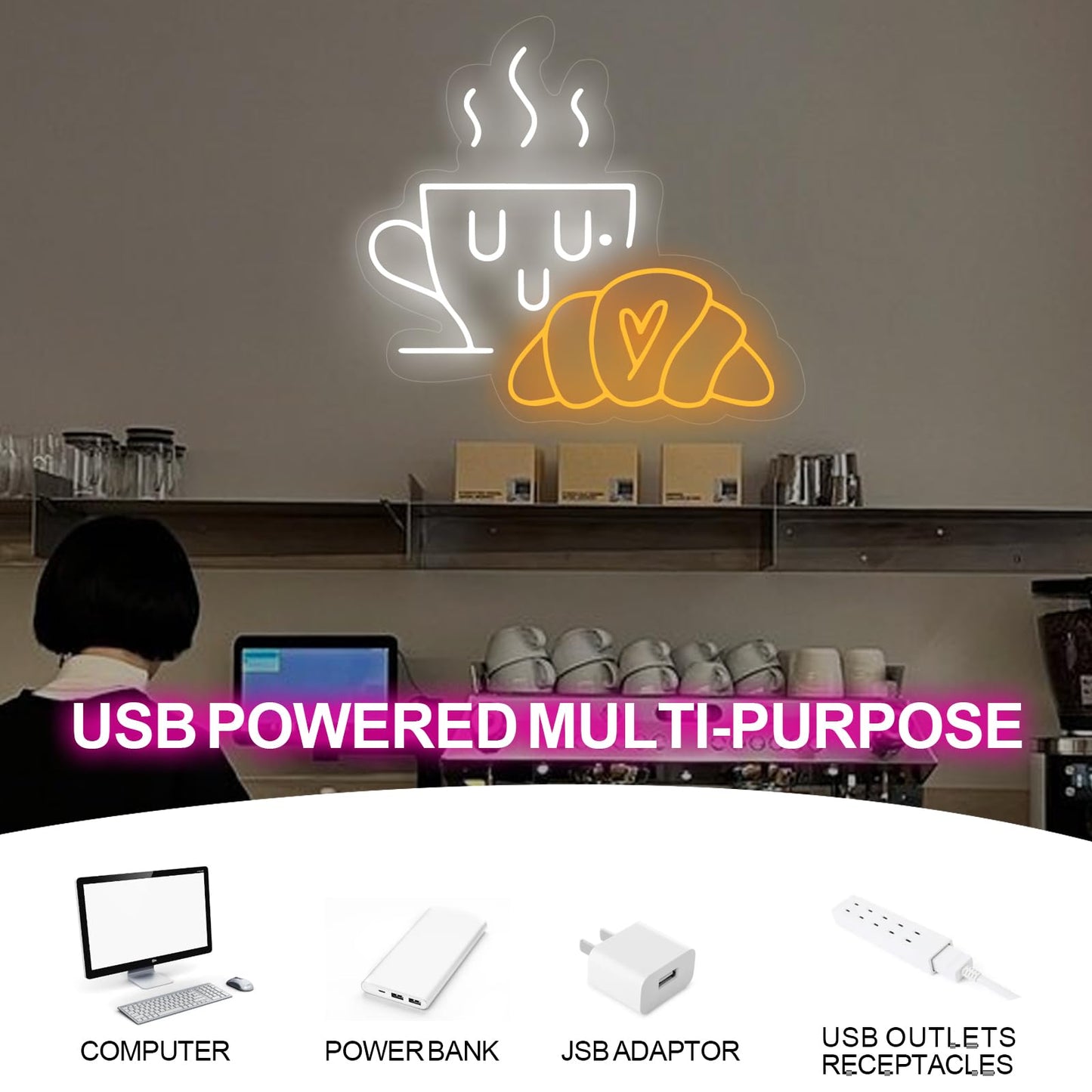 Coffee & Croissant LED Neon Sign,Bakery Shop Bakery Decoration Neon Light coffee Cup Home Bar Wall Decor Croissant Lover Gift For Family Party Bedroom Restaurant Bar Birthday