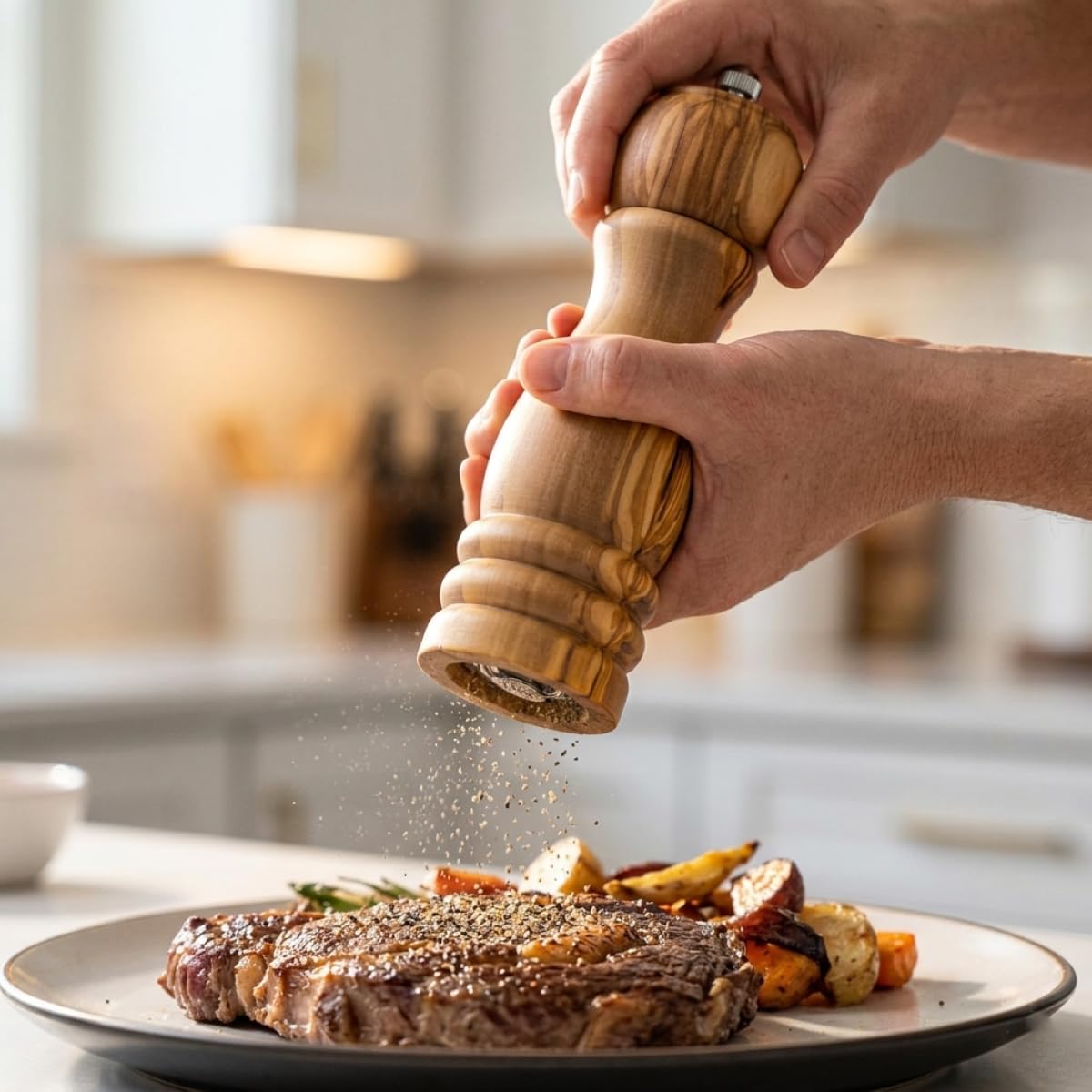 Cat Cora Salt Pepper Mill, Professional Italian Olivewood and Ceramic Mechanism For Grinding Peppercorns and Coarse Salt, Ergonomic Contoured Design