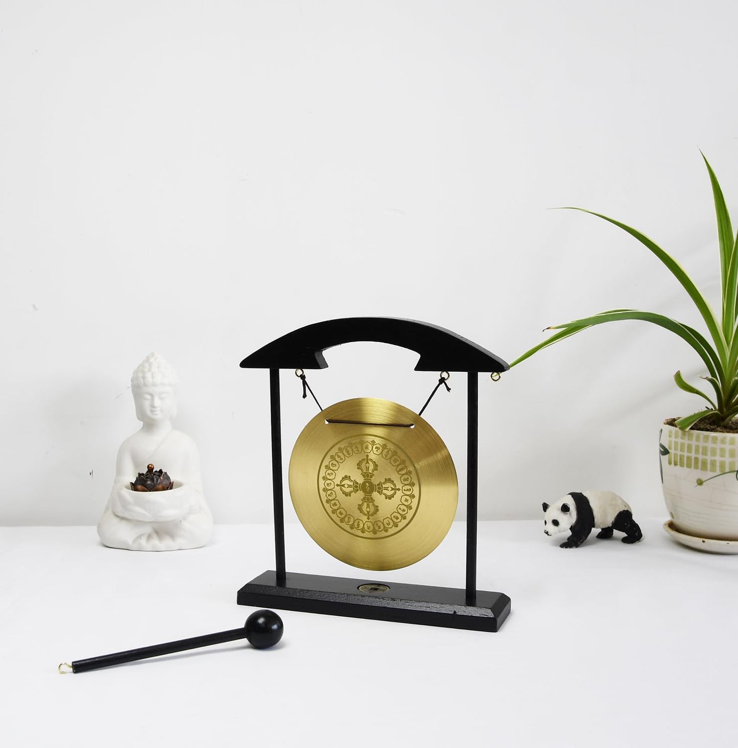 Feng Shui Desktop Gong Set, Brass Gong with Cross Vajra (Dorje) Center & Om Mani Padme Hum Mantra Ring, Solid Wood Frame & Mallet, Tibetan Zen Decor for Meditation & Energy Clearing, 11.1"W x 7.9"H
