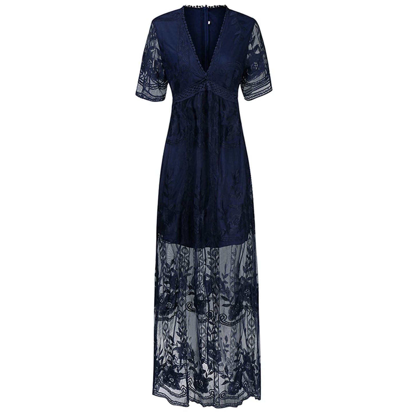 Womens Deep V Neck Short Sleeve Floral Lace Dress Long Bridesmaid Maxi Dresses