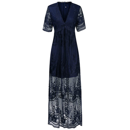 Womens Deep V Neck Short Sleeve Floral Lace Dress Long Bridesmaid Maxi Dresses