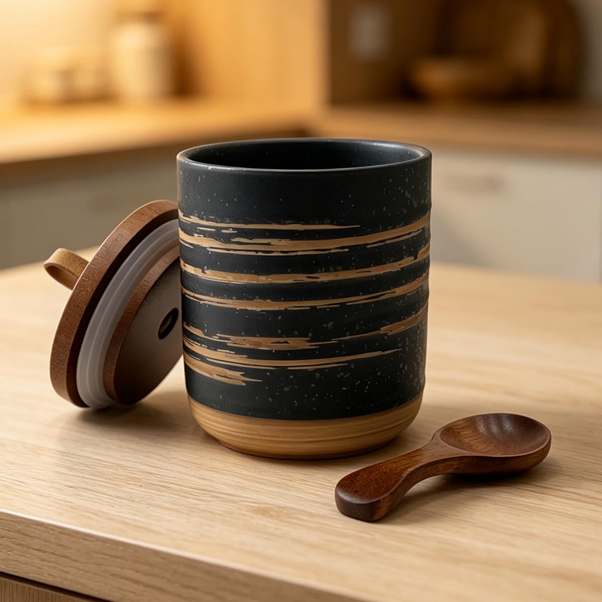 EWEIGEER 10oz Ceramic Food StorageContainer with Lid & Spoon,Sugar Bowl,Airtight Coffee Matcha Containe,Loose Leaf Tea Storage,Salt Cellar,Spice Jar(Black Spiral Pattern)