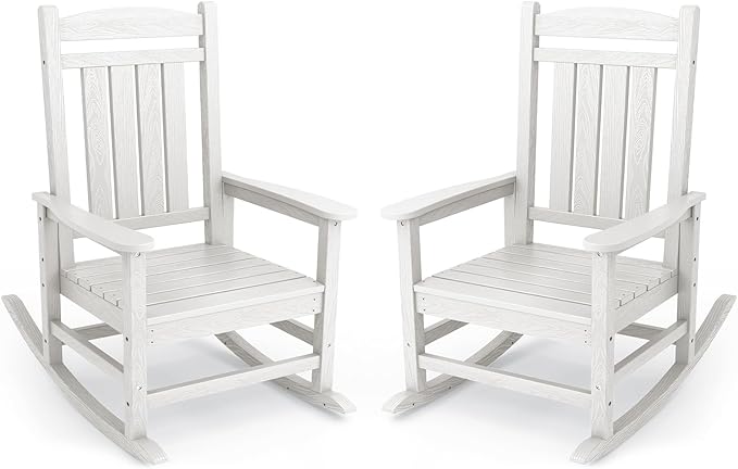 KINGYES Oversized Patio Rocking Chair Set of 2, High Density Polyethylene Outdoor Rocking Chairs with 330lbs Support for Adults, White
