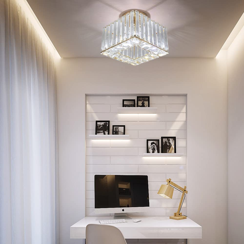 Kadomm Modern Crystal Ceiling Light Fixture, Semi Flush Mount Lighting Glod Finish LED with E26/27 Base for Bedroom, Entryway, Foyer, Hallway, Dining Room