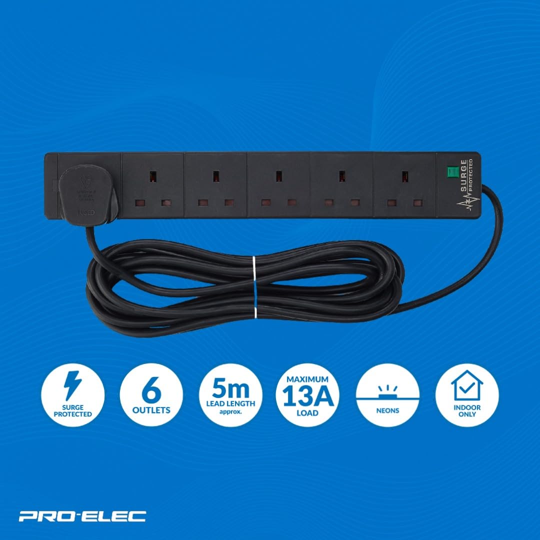 PRO ELEC PELB1755 6 Gang Extension Lead with Surge Protection Black, 5m