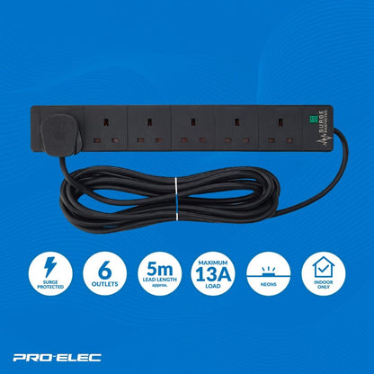 PRO ELEC PELB1755 6 Gang Extension Lead with Surge Protection Black, 5m
