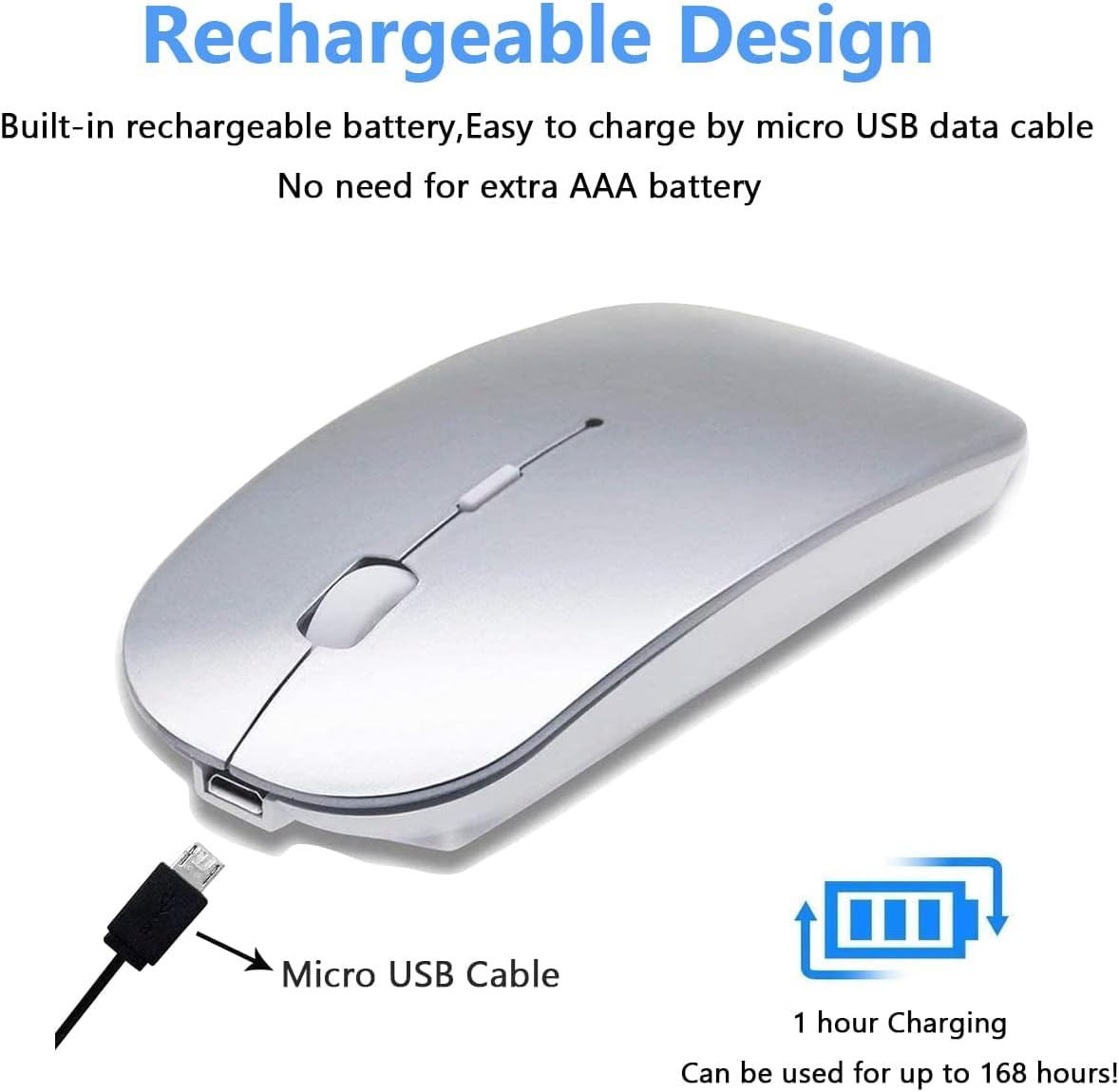 Wireless Bluetooth Mouse for MacBook Pro/Air/Mac/iPad/Laptop/Desktop/Mac/PC/Computer/Phone-Portable Slim Silent Office Mice with USB-C Adapter 2.4 GHz USB Mice (WhiteSilver)