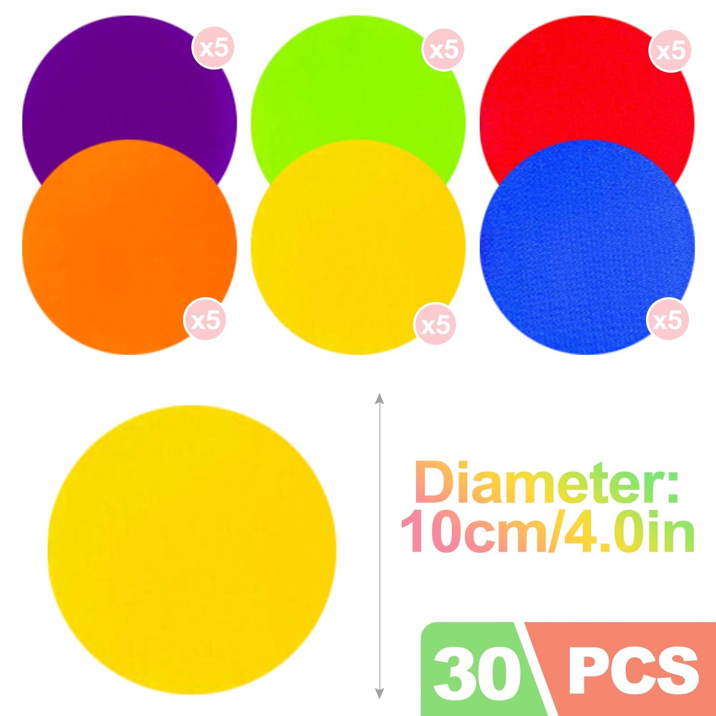 ZukoCert 30-Pack Poly Spots & Non-Floor Markers – Flat Sit Spots for Gym Class, Classroom Rugs & Kids’ Agility Training (Durable, Easy to Clean, Ideal for Fitness & School Activities)