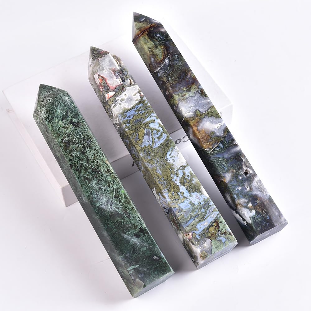 MOGEMT Moss Agate Crystal Tower 10-12 inch Large Healing Crystal Point Obelisk Reiki Energy Meditation Decoration Gift