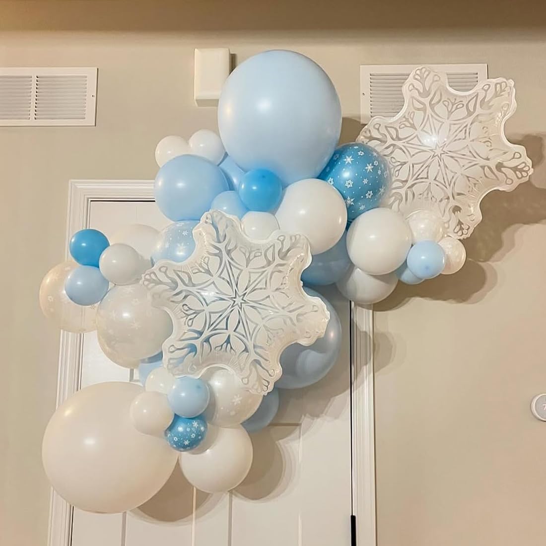 140Pcs Ice Snow Balloons Garland Arch Kit, Blue Silver White Latex Balloon with Transparent Snowflake Foil Balloon for Winter Wonderland Christmas Snowflake Holiday Birthday Party Decor