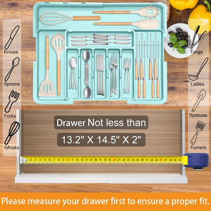 Homecor Silverware Organizer - Expandable Large Kitchen Drawer Organizer Utensil Organizer with 2 Removable Knife Blocks, 22"x 19"Cutlery Tray Drawer Dividers for Kitchen Flatware(6-9 Slots) (Black)