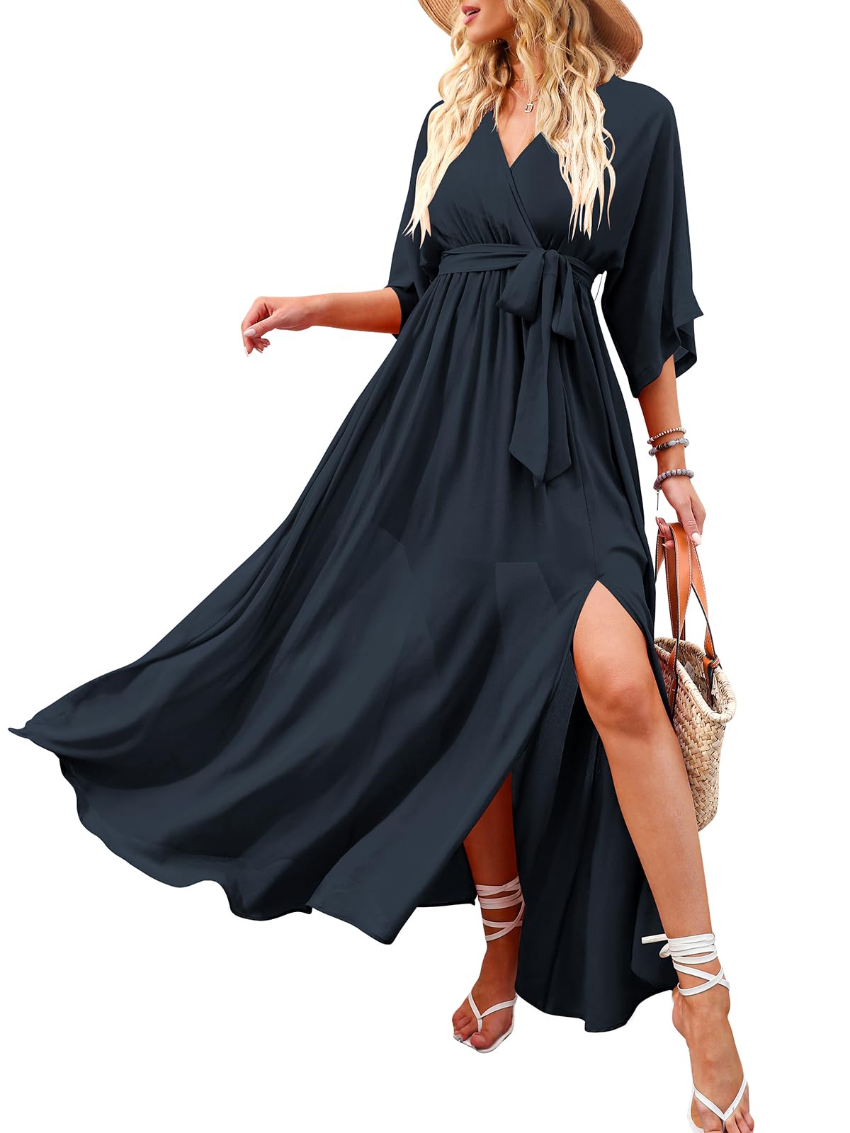 ANRABESS Womens 1/2 Sleeve Beach Wedding Guest Maxi Dresses 2025 Fall Wrap V Neck Boho Floral Flowy Slit Long Summer Dresses