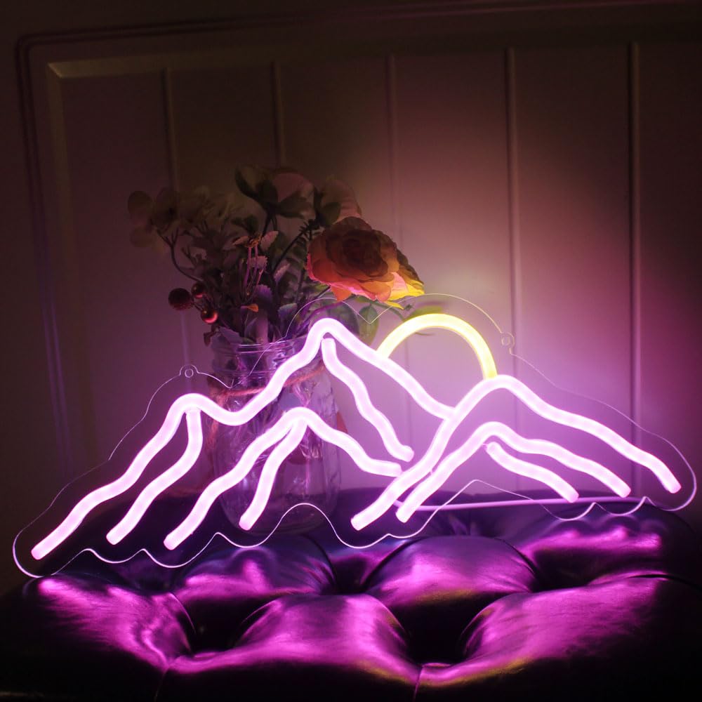 Mountain Sunset Neon Signs for Room Decor LED Neon Light Sign for Bedroom Wall Mountain Decor for Home Party Wedding Christmas Decorations USB Powered(Purple)