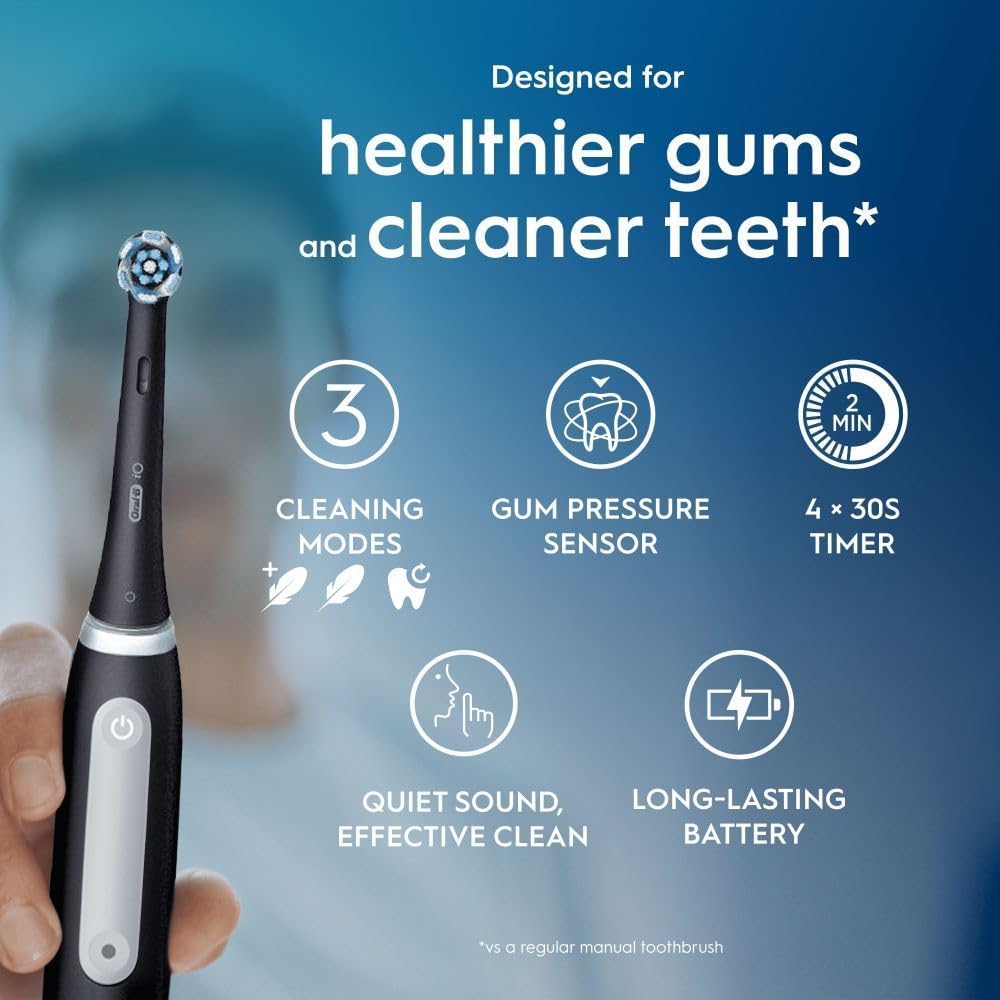Oral-B iO 3 Matt Black Ultimate Clean Electric Toothbrush, 1 Refill Holder, 1 Charger Pouch, 1 Travel Case, Designed by Braun, Packaging May Vary