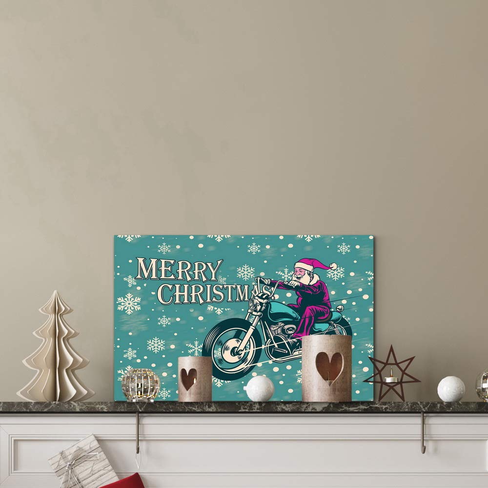 Renditions Gallery Motorcycle Santa Wall Art, Aqua Blue & White Snowflake Design, Funny Christmas Decorations, Premium Gallery Wrapped Canvas Decor, Ready to Hang, 8 in H x 12 in W, Made in America