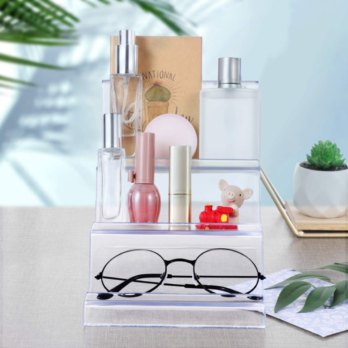 DOITOOL Clear Acrylic Purse Display Stand Holder Wallet Stand 3 Tier Handbag Purse Display Stand Glasses Holder Jewelry Display Riser Shelf for Home Decoration and Organizer