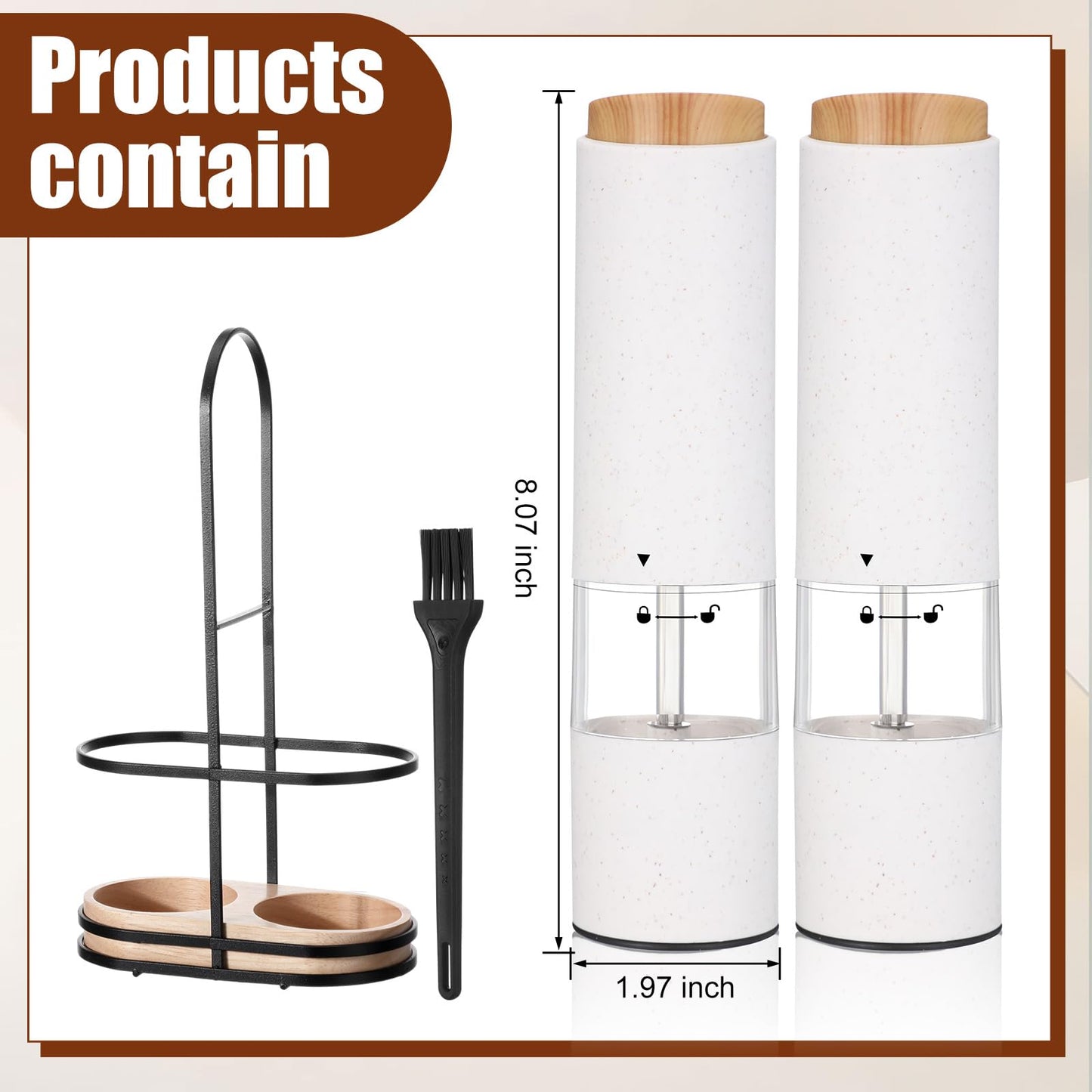 Threlaco Electric Salt and Pepper Grinder Set with 1 Portable Spill Proof Base 2 Packs Battery Operated Salt Pepper shakers with Adjustable Coarseness Light Wheat Straw Grinder for Kitchen(White)