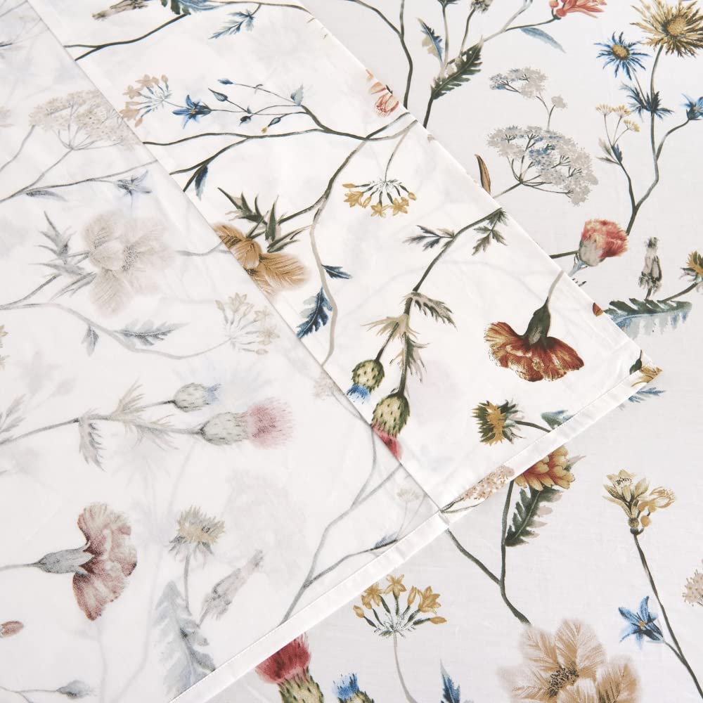 DAUAOTO 100% Cotton Bedding Printed Sheets Set for Full Size Bed Up to 14" Deep Mattress, Floral Botanical Pattern Bedlinen Sets
