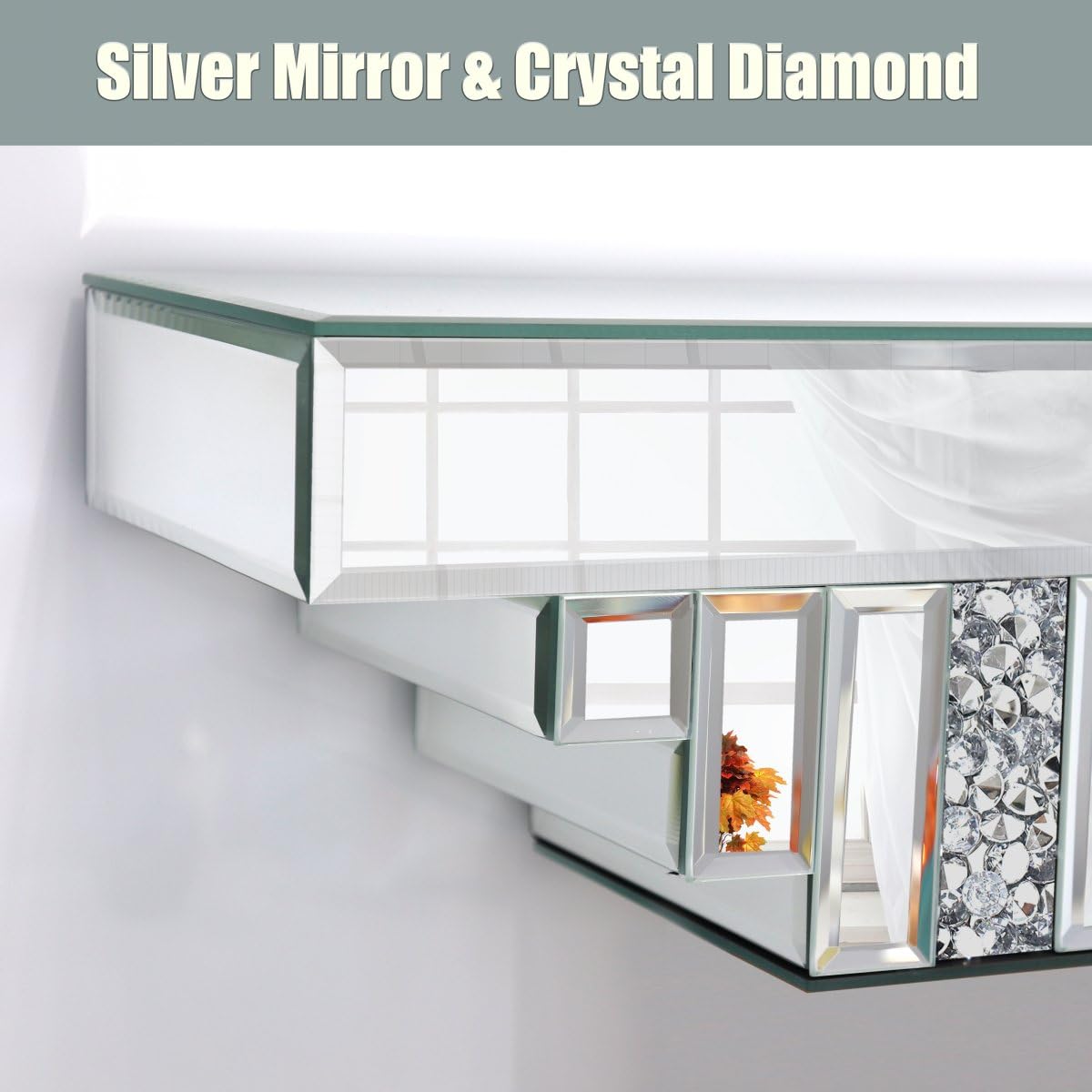 ST3000 Mirrored Floating Shelf for Wall-23 Crushed Crystal Diamond Wall Shelf, Silver Mirror Display Shelf for Bathroom, Living Room, Bedroom-Glam Art Deco Showcase for Perfume, Jewelry, Small Plants