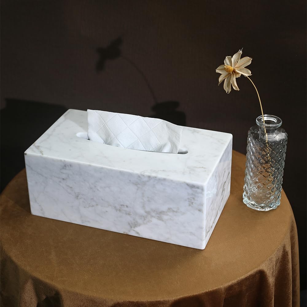 Elegant Marble Tissue Box Cover for Living Room, White Tissue Box Holder Rectangular, Decorative Stone Tissue Box Cover for Bathroom Vanity Office Countertop