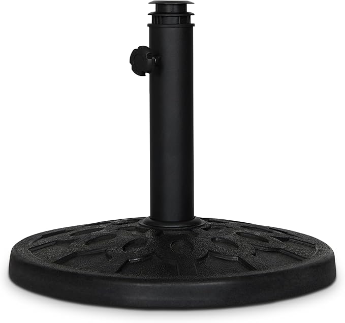 Backyard Expressions 20 lb Round Patio Umbrella Base – Heavy Duty Resin-Coated Calcium Carbonate Stand with Adjustable Pole Adapters Fits 1.5"–2" Poles, Weather-Resistant, Black Finish