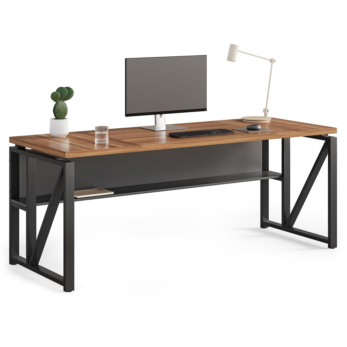 LITTLE TREE 63-Inch Executive Office Desk, Large Computer Desk with Storage Shelf, Executive Desk with Metal Frame, Study Writing Desk Work Station for Home Office, Brown + Black